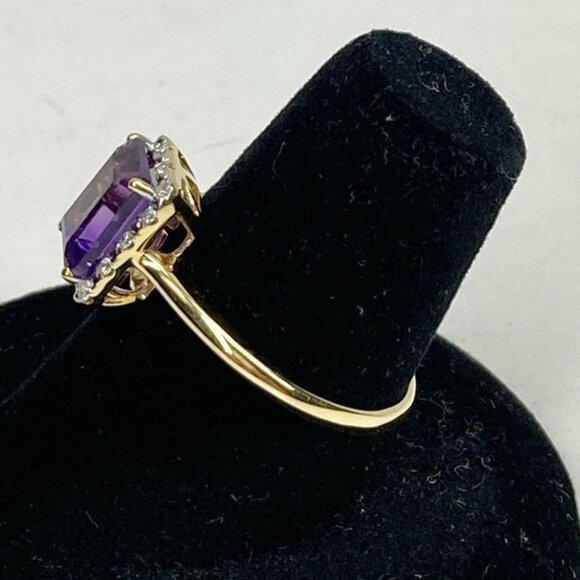 18K Solid Yellow Gold Amethyst with Diamond Halo Ring Size 6.75 - Picture 3 of 8
